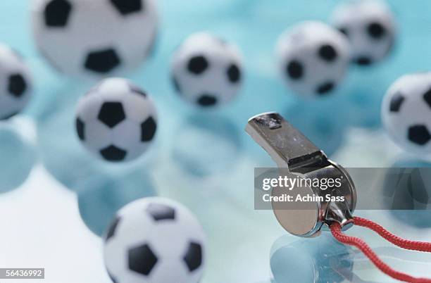 soccer balls and whistle - fluit sportartikelen stockfoto's en -beelden
