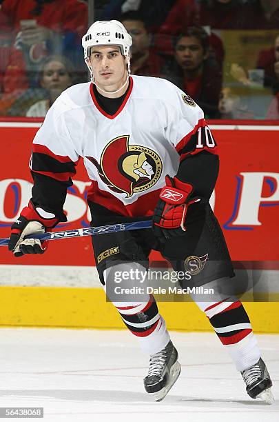 Brandon Bochenski of the Ottawa Senators skates against the Calgary Flames during the NHL game at Pengrowth Saddledome on December 10, 2005 in...