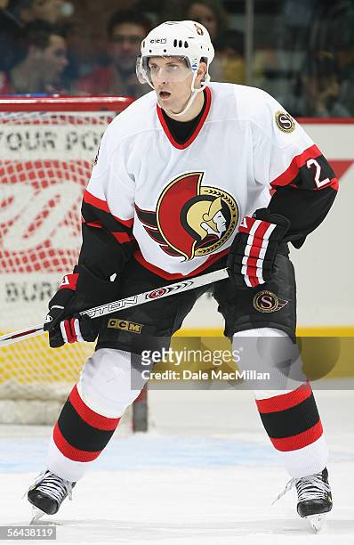 Brian Pothier of the Ottawa Senators skates against the Calgary Flames during the NHL game at Pengrowth Saddledome on December 10, 2005 in Calgary,...