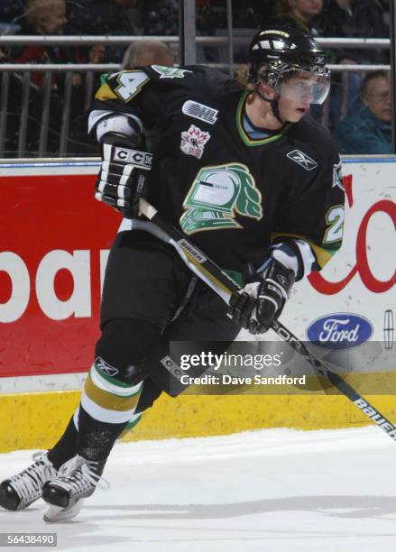 Sergei Kostitsyn of the London Knights skates during the game the Sault Saint Marie Greyhounds at the John Labatt Centre December 2, 2005 in London,...