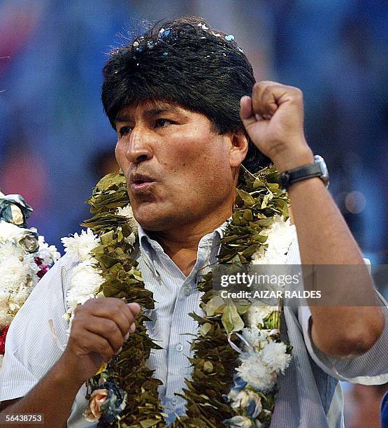 Presidential candidate Evo Morales, coca grower and Aymara Indian leader, delivers a speech at the Felix Capriles stadium in Cochabamba, Bolivia,...