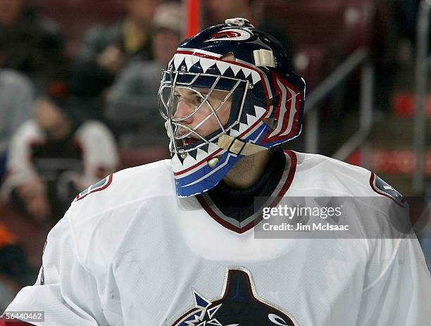 Goaltender Alex Auld of the Vancouver Canucks looks on against the Philadelphia Flyers during their game on December 15, 2005 at the Wachovia Center...