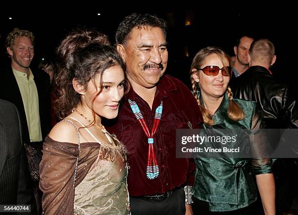 Actress Q'Orianka Kilcher, Speaker 20th Navajo National Council Lawrence T. Morgan and Saskia Kilcher arrive at the New Line Cinema premiere of "The...