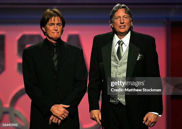 Bruce Jenner and Dick Fosbury address the audience during a ceremony December 8, 2005 to induct the 2006 class into the US Olympic Hall of Fame held...