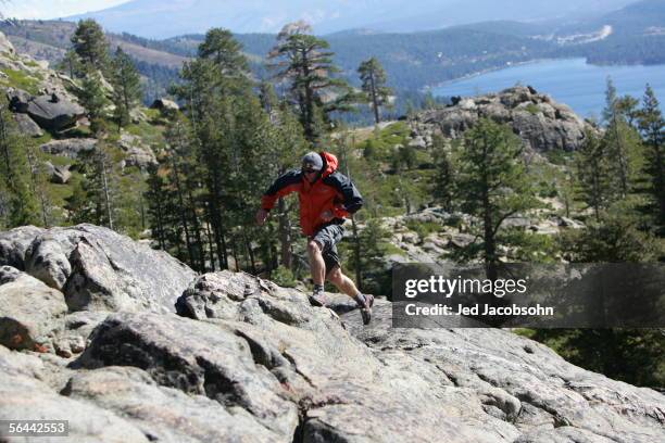 Ski team member Daron Rahlves runs in the mountains on Donner Pass in Truckee, California on October 4, 2005. Rahlves trains in the hills above his...