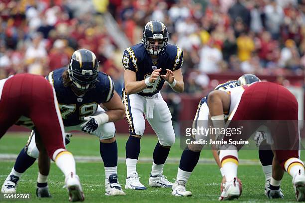Drew Brees of the San Diego Chargers sets up in the shotgun during the game on November 27, 2005 at Fed Ex Field in Landover, Maryland. The Chargers...