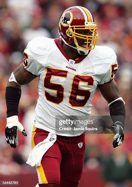 LaVar Arrington of the Washington Redskins stands on the field during the game with the San Diego Chargers on November 27, 2005 at Fed Ex Field in...