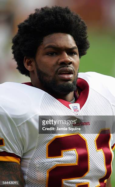 Sean Taylor of the Washington Redskins stands on the field during the game with the San Diego Chargers on November 27, 2005 at Fed Ex Field in...