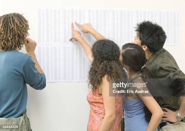 students looking and pointing at results posted on wall, rear view - baccalaureat stock pictures, royalty-free photos & images