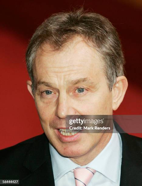 British Prime Minister Tony Blair gives a press conference at the Justius Lipsius building at the EU Summit on December 16, 2005 in the Belgian...