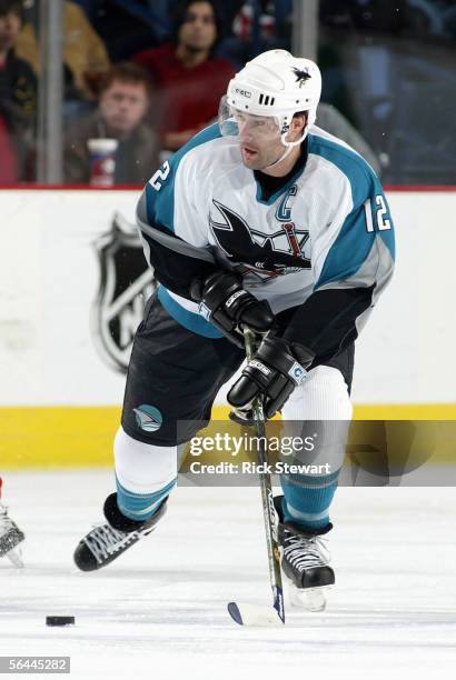 Patrick Marleau of the San Jose Sharks skates against the Buffalo Sabres during their NHL game on December 2, 2005 at HSBC Arena in Buffalo, New...