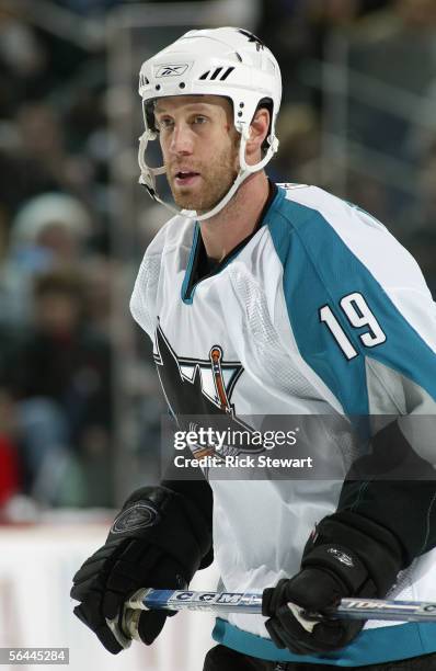 Joe Thornton of the San Jose Sharks skates against the Buffalo Sabres during their NHL game on December 2, 2005 at HSBC Arena in Buffalo, New York....