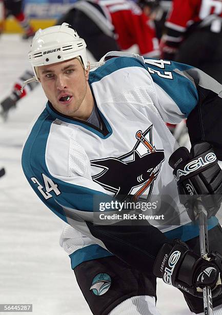 Josh Langfeld of the Buffalo Sabres warms up prior to their NHL game against the San Jose Sharks on December 2, 2005 at HSBC Arena in Buffalo, New...