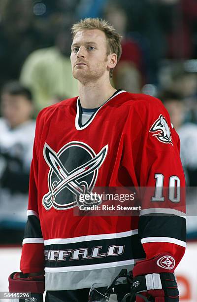 Henrik Tallinder of the Buffalo Sabres looks on prior to taking on the San Jose Sharks in their NHL game on December 2, 2005 at HSBC Arena in...