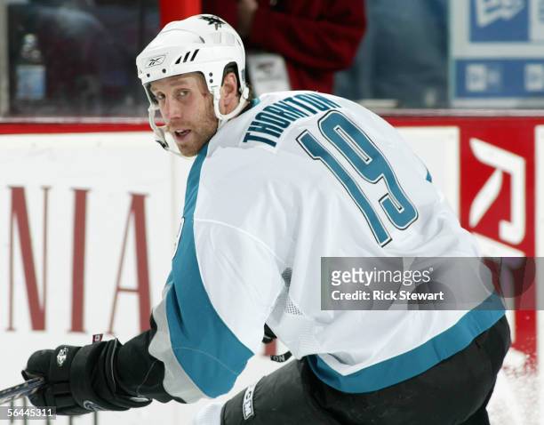 Joe Thornton of the San Jose Sharks skates against the Buffalo Sabres during their NHL game on December 2, 2005 at HSBC Arena in Buffalo, New York....