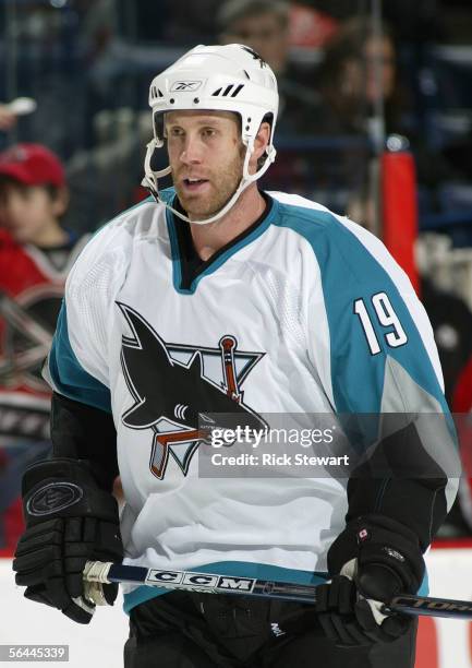 Joe Thornton of the San Jose Sharks skates against the Buffalo Sabres during their NHL game on December 2, 2005 at HSBC Arena in Buffalo, New York....