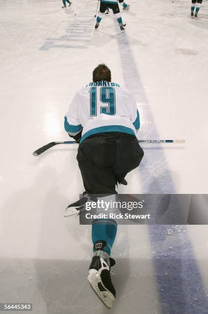 Joe Thornton of the Buffalo Sabres warms up prior to their NHL game against the San Jose Sharks on December 2, 2005 at HSBC Arena in Buffalo, New...