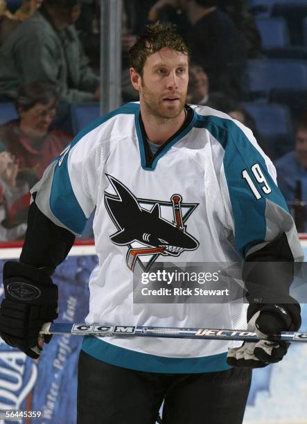 Joe Thornton of the Buffalo Sabres warms up prior to their NHL game against the San Jose Sharks on December 2, 2005 at HSBC Arena in Buffalo, New...