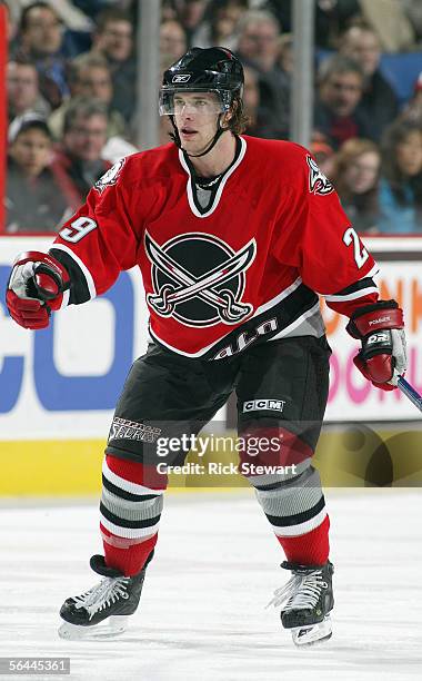 Jason Pominville of the Buffalo Sabres skates against the San Jose Sharks during their NHL game on December 2, 2005 at HSBC Arena in Buffalo, New...