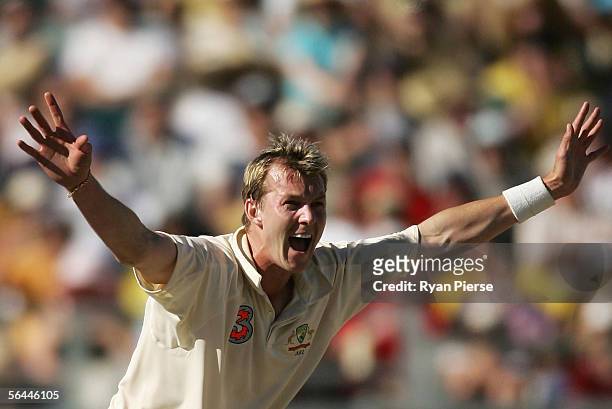 Brett Lee of Australia appeals for a wicket during day two of the First Test between Australia and South Africa played at the WACA December 17, 2005...