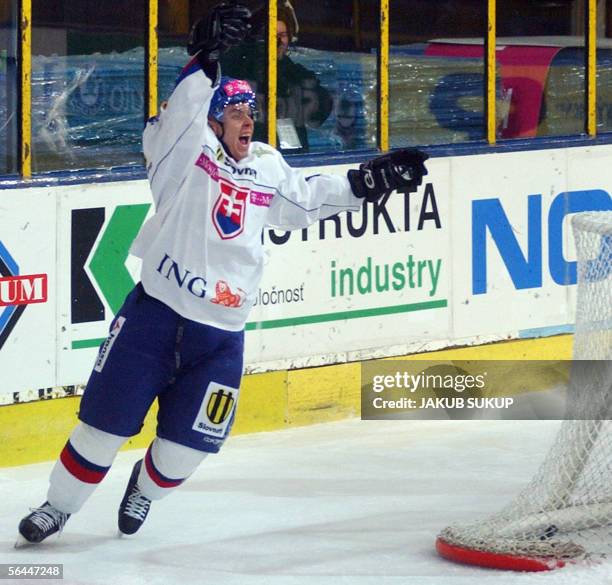 Slovak national hockey team player Martin Bartek celebrates after his second shooting goal during the International hockey tournament LOTO CUP 2005...