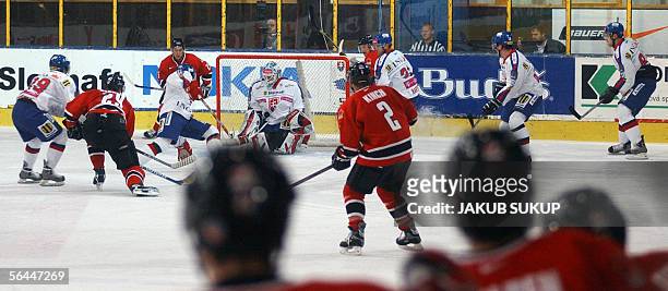 Canada national hockey team players watch a game during the International hockey tournament LOTO CUP 2005 between team Slovakia and team Canada in...