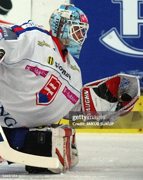 Slovak national goalkeeper Karol Krizan saves a puck during the International hockey tournament LOTO CUP 2005 between Slovakia and Canada in...