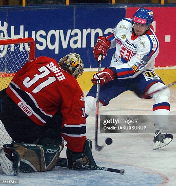 Canadian goalie Mile Smith saves a puck from Slovakian center Peter Huzevka during the International hockey tournament LOTO CUP 2005 between team...