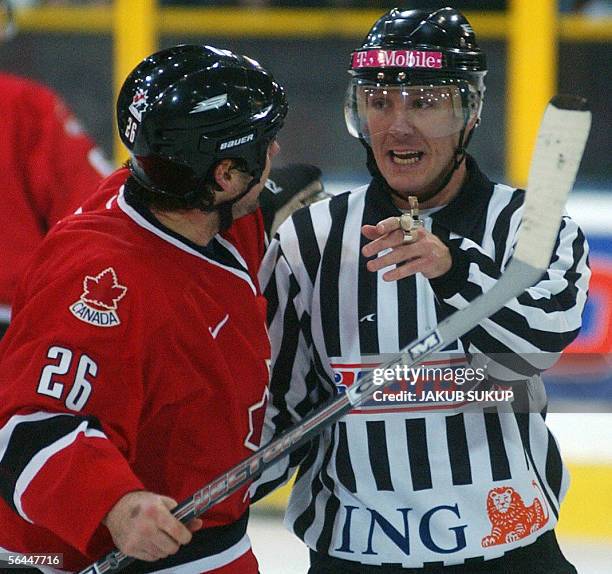 Jason York of Canada disputes with refree Milan Masik during the International hockey tournament LOTO CUP 2005 between team Slovakia and team Canada...