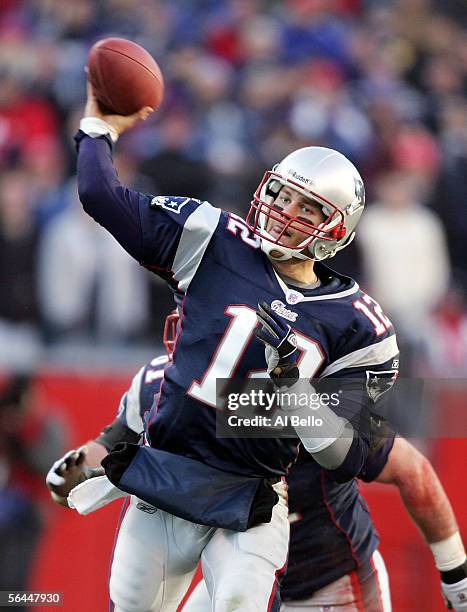 Tom Brady of the New England Patriots passes against the Tampa Bay Buccaneers on December 17, 2005 at Gillette Stadium in Foxboro, Massachusetts.