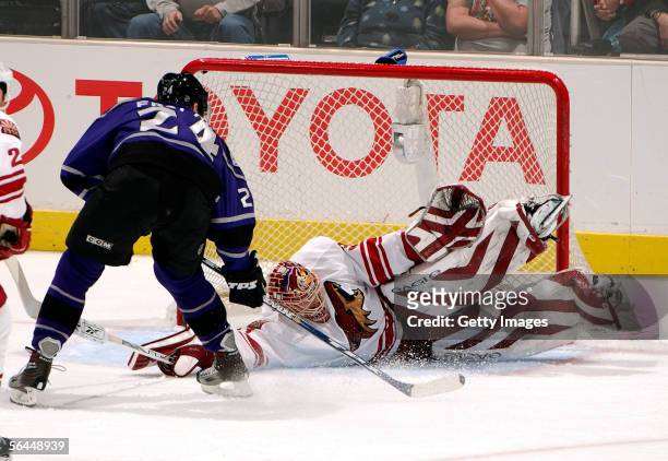Brian Boucher of the Phoenix Coyotes makes a diving save against Alexander Frolov of the Los Angeles Kings during the NHL game on December 17, 2005...