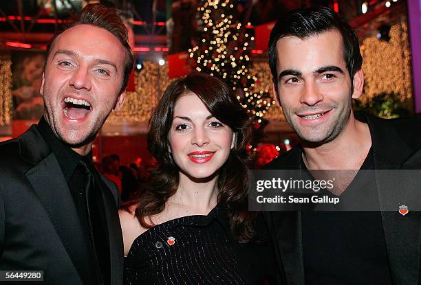 Actress Bianca Hein, actor Mathis Kuenzler and actor Hubertus Regout attend the after-party to the "Herz fuer Kinder" television charity gala...