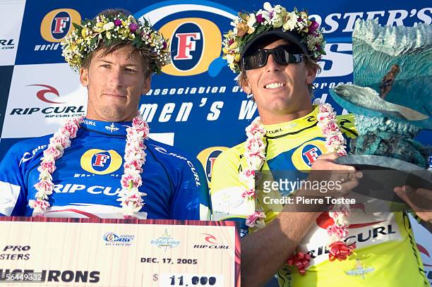 Hawaiian Andy Irons poses with younger brother Bruce Irons after the final of the Rip Curl Pro Pipeline Masters ASP World Tour event, part of the...