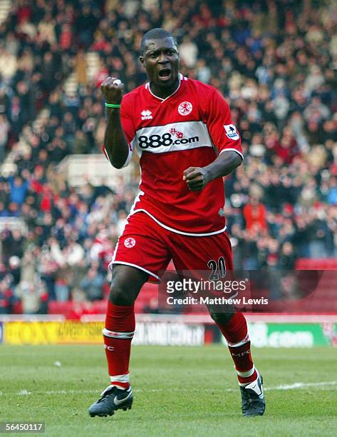 Yakubu of Middlesbrough celebrates his goal during the Barclays Premiership match between Middlesbrough and Tottenham Hotspur at the Riverside...