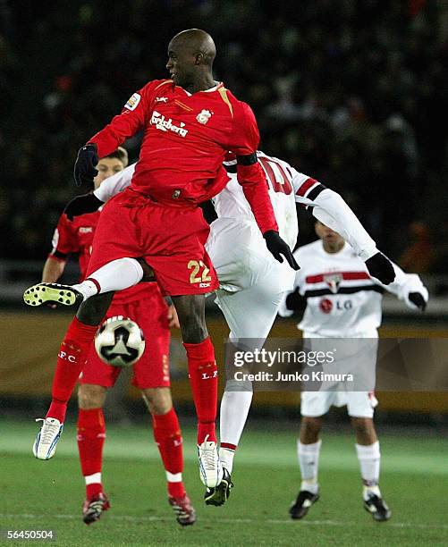 Momo Sissoko of Liverpool is during challenged during the FIFA Club World Championship Toyota Cup 2005 match between Sao Paulo FC and Liverpool FC at...