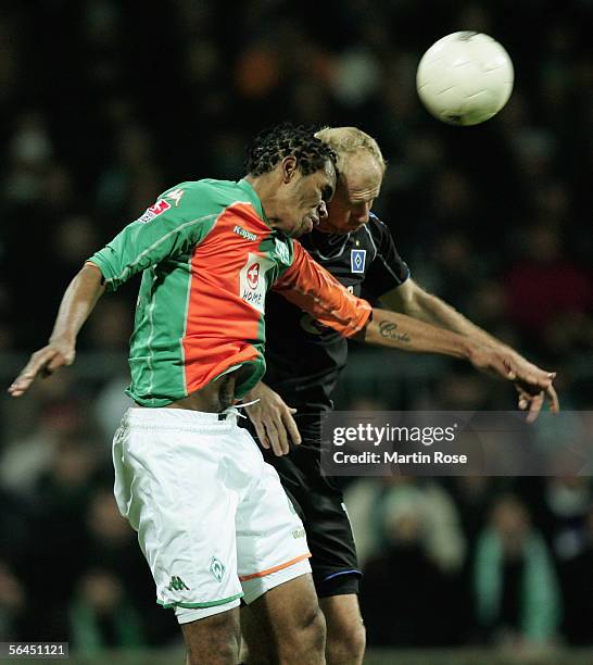 Naldo of Bremen and Sergej Barbarez of Hamburg jump for a header during the Bundesliga match between Werder Bremen and Hamburger SV at the Weser...