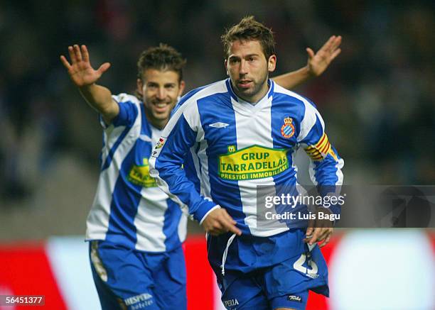 Raul Tamudo of Espanyol celebrates his goal with Luis Garcia during the Primera Liga game between RCD Espanyol and Real Zaragoza, on December 18 at...