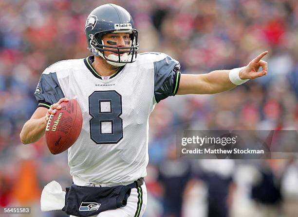 Quarterback Matt Hasselbeck of the Seattle Seahawks scrambles out of the pocket against the Tennessee Titans December 18, 2005 at The Coliseum in...