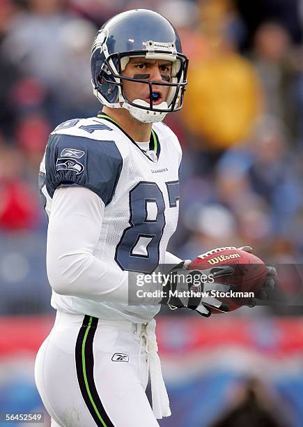 Joe Jurevicius of the Seattle Seahawks celebrates a touchdown against the Tennessee Titans December 18, 2005 at The Coliseum in Nashville, Tennessee.