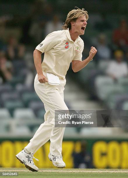 Nathan Bracken of Australia celebrates a wicket during day four of the First Test between Australia and South Africa played at the WACA December 19,...