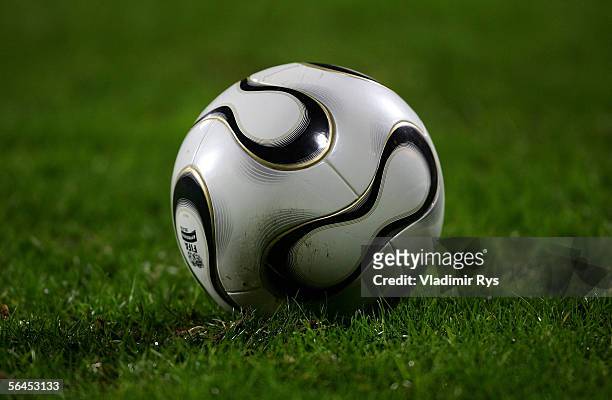 The new official ball of the World Cup 2006 from Adidas called "Teamgeist" is seen during the Bundesliga match between Bayer Leverkusen and Hanover...