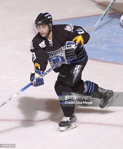 November 19: American professional hockey player Ryan Vesce of the Springfield Falcons on the ice during a game against the Bridgeport Sound Tigers...