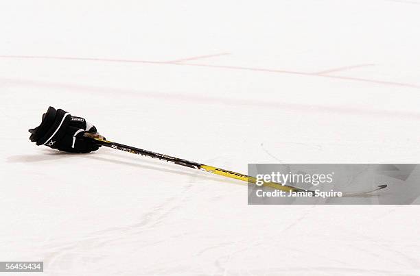 Glove and stick lay on the ice during the NHL game between the Washington Capitals and the Philadelphia Flyers at Comcast Arena on November 3, 2005...