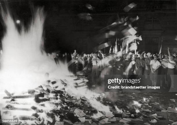 Bookburning at the Opernplatz in Berlin. During the campaign "against the un-German spirit" Dr. Josef Goebels speaks to members of student...