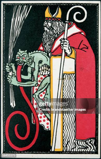 Krampus and Santa Claus. Felicitation Card. Postcard by the Viennese Werkstaette, Number 541. Colour Lithography, 14 : 9 cm. Around 1911. [Krampus...