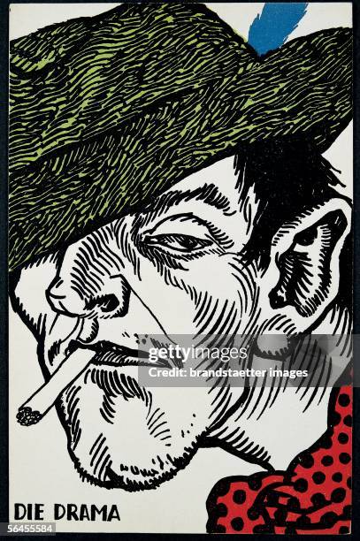 Smoker series: "Die Drama". Postcard by the Viennese Werkstaette, Number 729. Colour Lithography by Jung Moriz. Around 1913. [Raucher-Serie: Die...