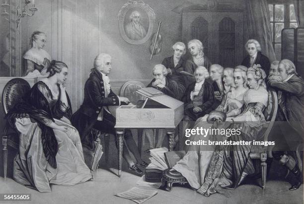 Wolfgang Amadeus Mozart, Austrian composer. Woodcuts according to a painting. Printed by A. Hoelzer, Berlin. Publishing House: Moeser & Scherl,...