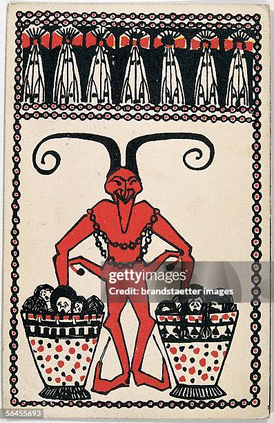 Krampus . Greeting Card. Postcard by the Viennese Werkstaette, Number 103. Colour Lithography by Kalvach Rudolf, around 1908. [Krampus. Wunschkarte....