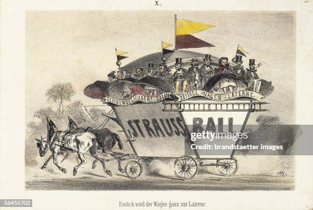 Caricature on the hysteria of Strauss. Colour Lithography by v. A. Zampis, around 1830. [Karikatur auf die Strauss-Begeisterung. Farblithographie v....