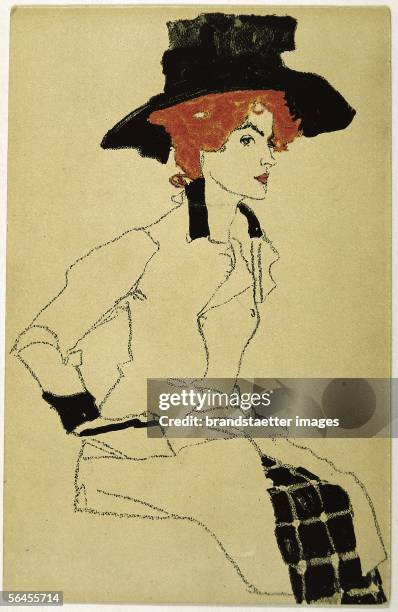 Portrait of a woman with a big hat. Postcard from the Viennese Werkstaette, Number 289. Colour Lithography by Egon Schiele, 1910. [Frauenbildnis mit...
